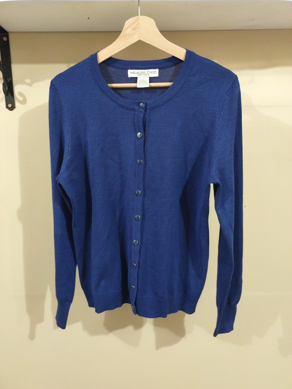 Melrose Chick Navy Blue Button‑Front Women’s Cardigan Sweater Tight Knit Sz L